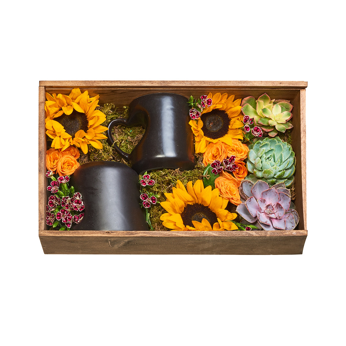 Caja de madera tazas y girasoles