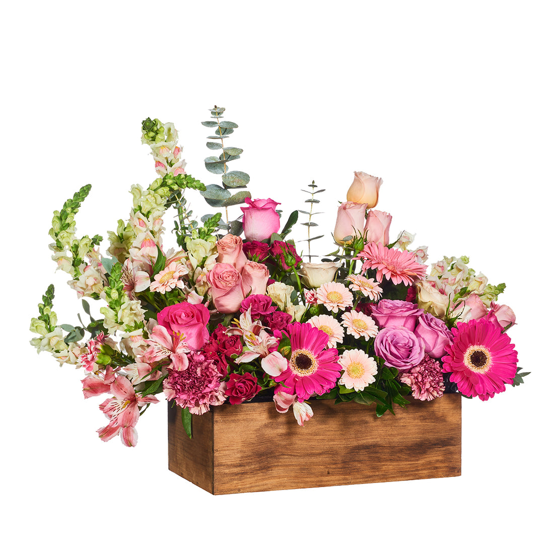 Fina Caja De Madera Con Gerberas Y Rosas