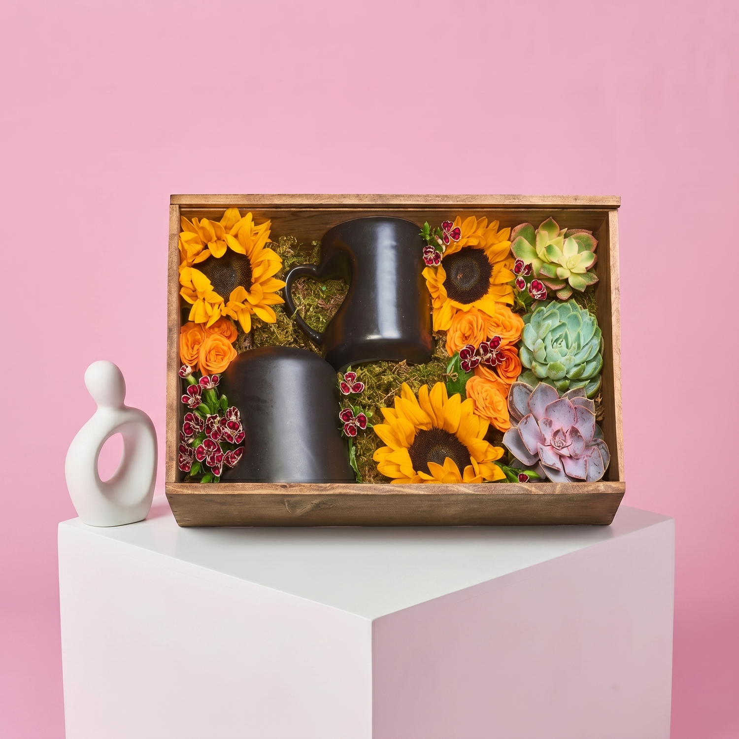 Caja De Madera Tazas Y Girasoles
